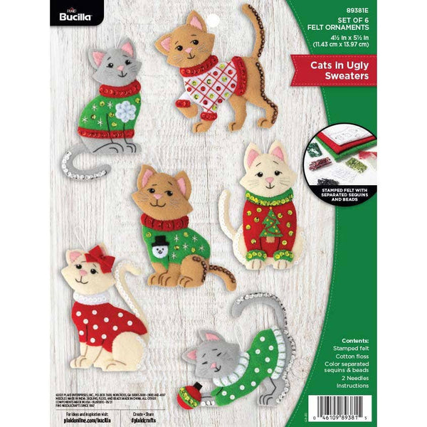 Bucilla Cats in Ugly Sweaters  Felt Ornaments Set of 6