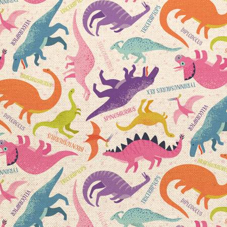 Dino Toss Pink Purple Natural Canvas -- Jurassic Joyrides by Paintbrush Studio