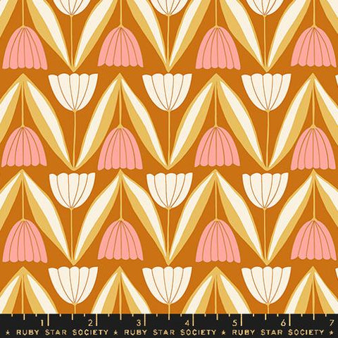 Tulips 30s And Retro Vintage Flowers in Saddle --- Endpaper by Jen Hewett for Ruby Star Society -- Moda Fabric