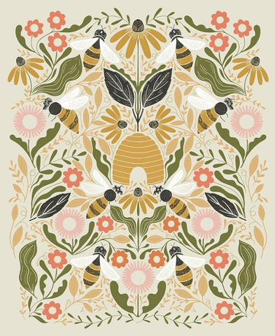 Bee Garden Panel 36" x 44" in Metallic Porcelain -- Bee Garden by Gingiber -- Moda Fabrics