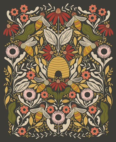 Bee Garden Panel 36" x 44" in Black -- Bee Garden by Gingiber -- Moda Fabrics