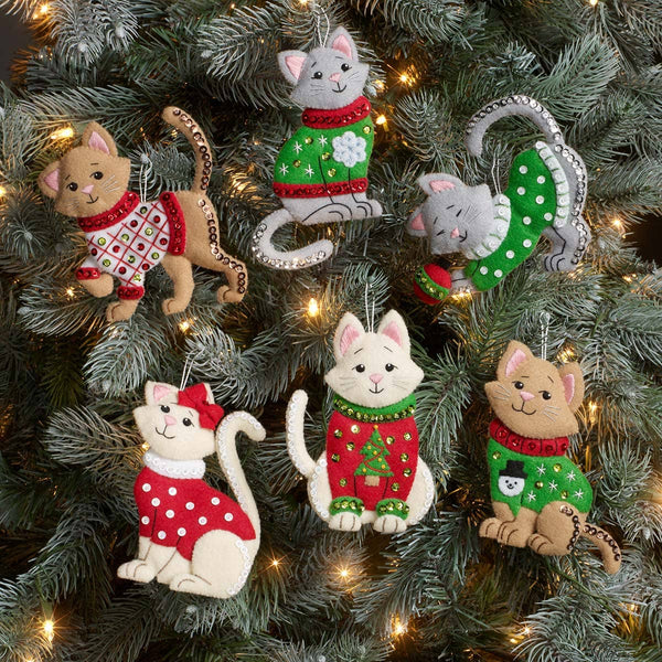 Bucilla Cats in Ugly Sweaters  Felt Ornaments Set of 6