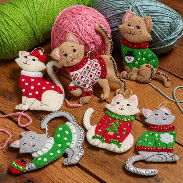 Bucilla Cats in Ugly Sweaters  Felt Ornaments Set of 6